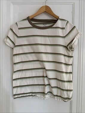 Madewell Cream & Olive Striped Crewneck Tee